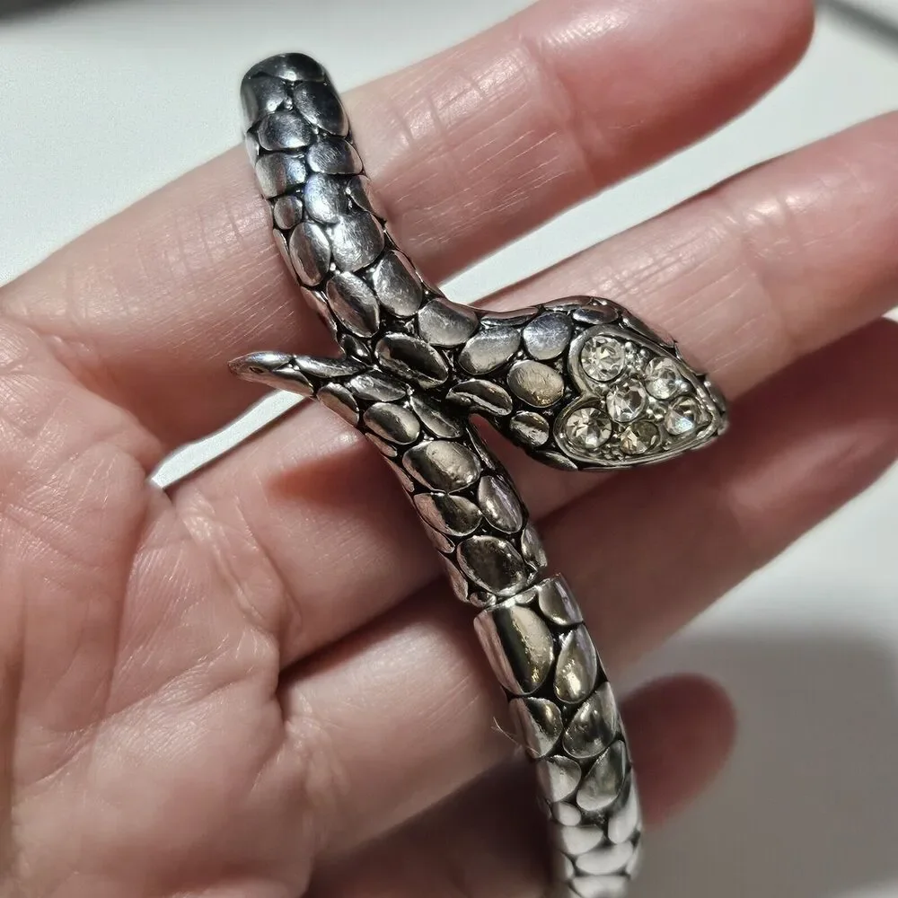 Crystal Snake Stretch Bracelet in Silver Tone Heart Head 7